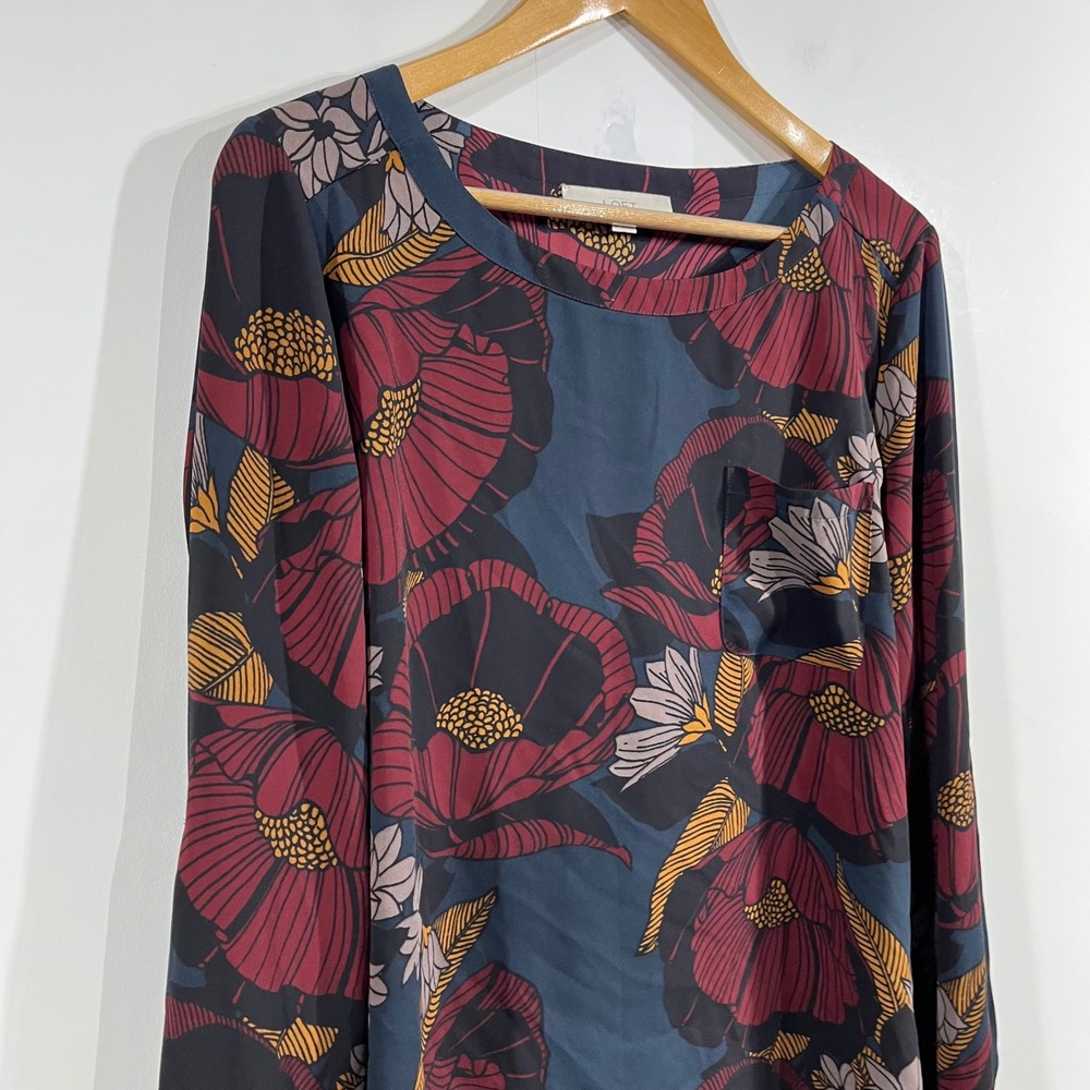 LOFT Navy Floral Long Sleeve Blouse with Wine and Mustard Accents